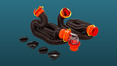 The Camco RhinoFLEX RV Sewer Hose Kit on a dark green background