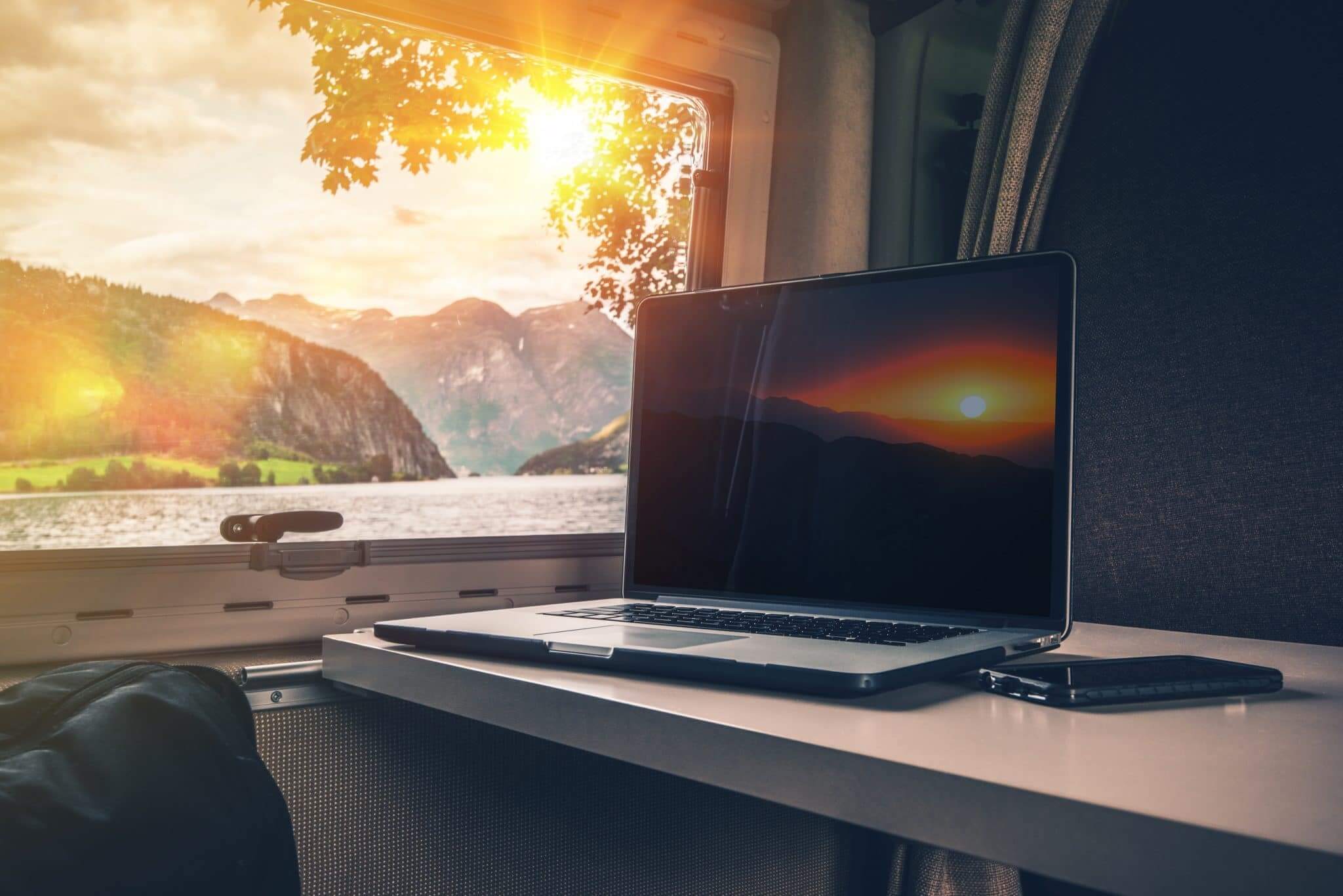 Laptop on table in RV with great internet