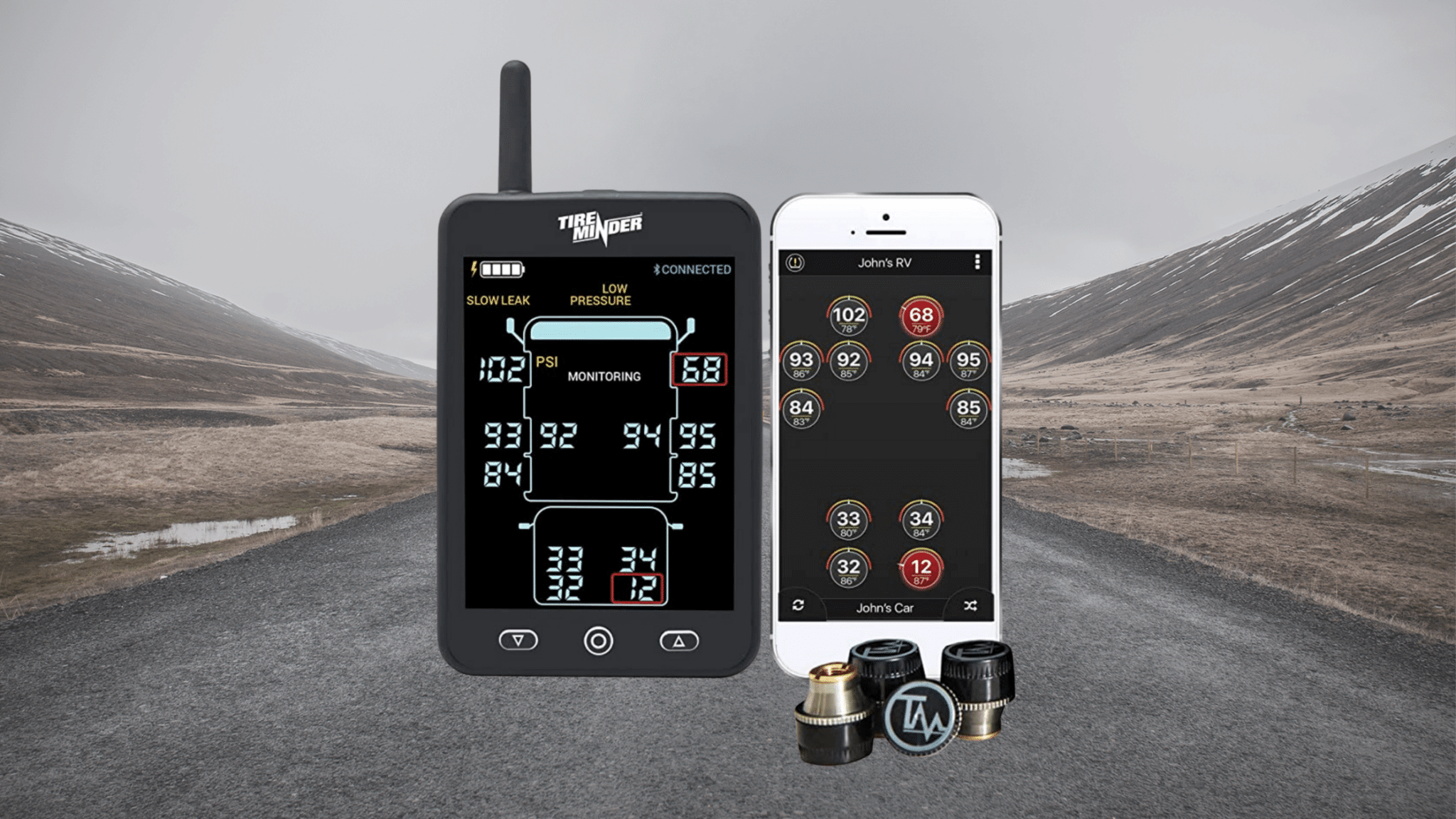 TireMinder RV TPMS device with a road background