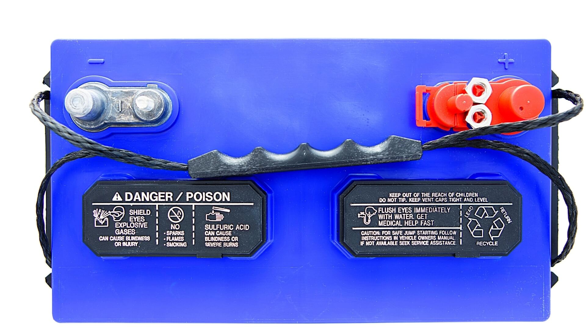 12v RV battery with red positive terminal on the right side