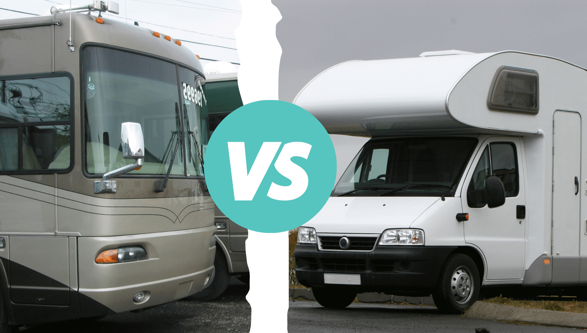 On the left is a Class A Motorhome and on the right is a Class C motorhome to showcase Class A vs. Class C differences.