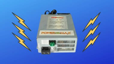 RV converter on a blue background with lightening bolts