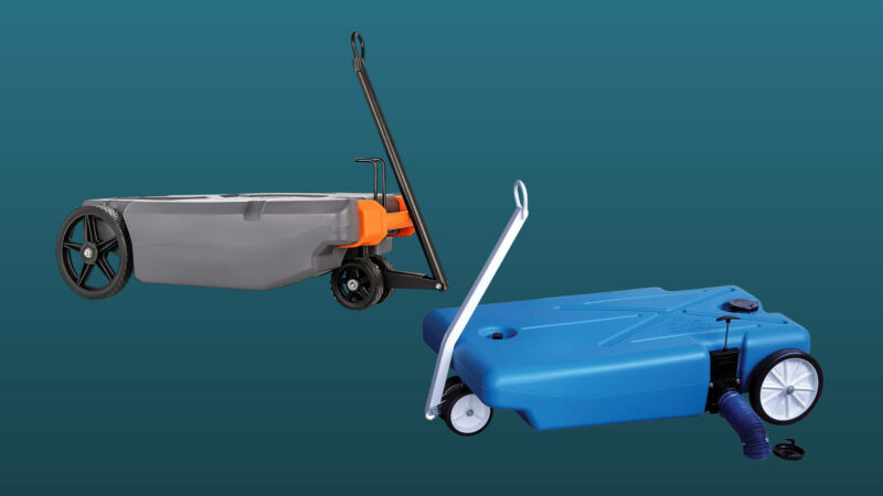 Camco Rhino vs Barker portable RV waste holding tanks set against a dark blue background.