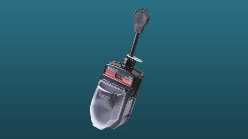 PT30X Portable Surge Protector set against a dark blue background.