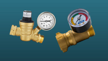 Camco vs Renator Water Pressure Regulator against a dark blue background.