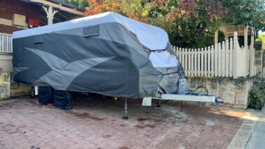 RV cover on a parked camper.