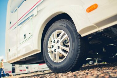 A close up of RV tires before putting on tire covers