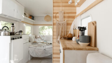 View of an RV kitchen with freshly painted RV kitchen cabinets