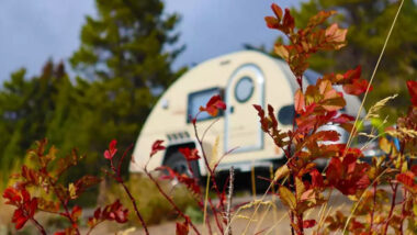 A NuCamp mini camper parked outside in the fall