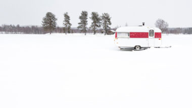 One of the best cold weather RVs parked in the snow
