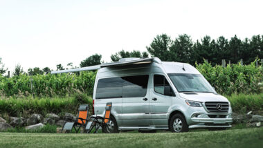 An airstream camper van with bathroom