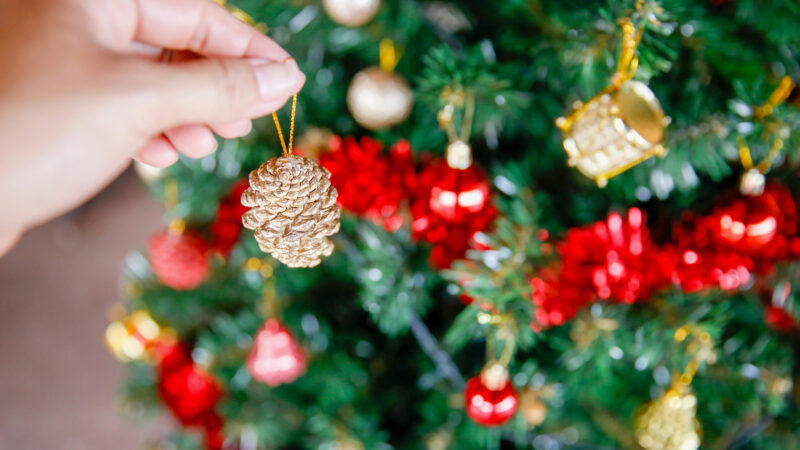 A person adding camping ornaments to their christmas tree