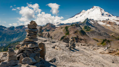 Close up of rock cairns on a hiking trail