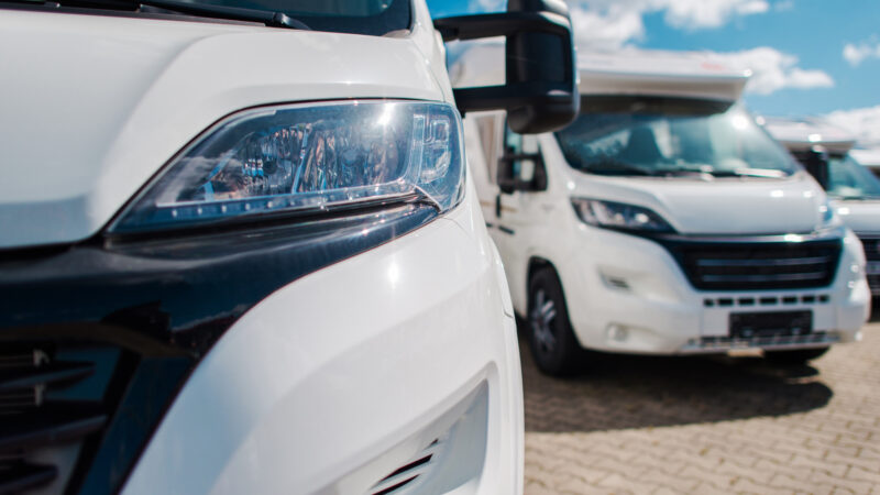 Close up of RVs at an RV dealership