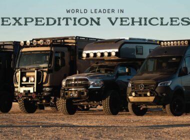 The Global Expedition Vehicle line up with the title "World Leader in Expedition Vehicles".