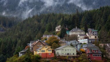 A photo of houses up on a hill in Ketchikan, Alaska.