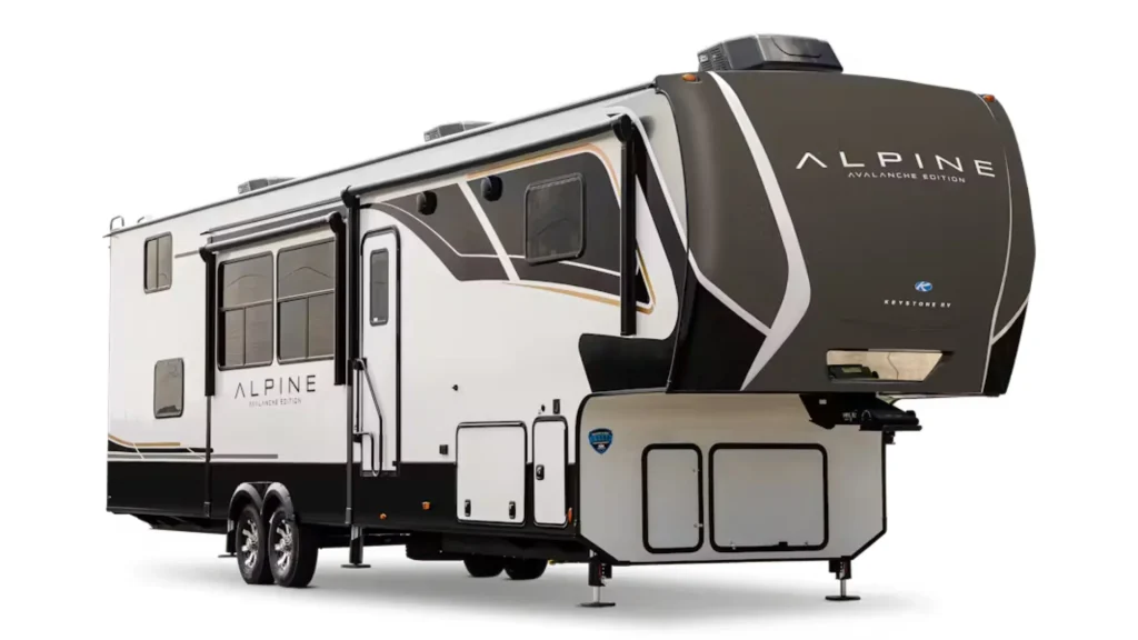 The outside of the Keystone Avalanche 378BH, showcasing the chocolate toned, ivory, and black exterior paint job. 