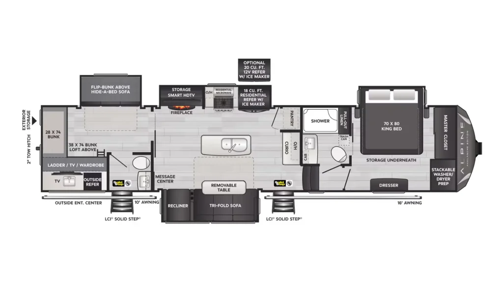 The outside of the Keystone Avalanche 378BH, spacious layout and two bathrooms. 