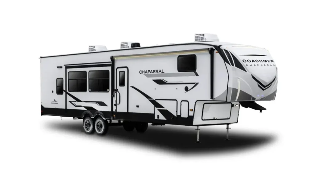 The outside of the Coachmen Chaparral 367BH, showcasing the black, grey, and white exterior paint job. 