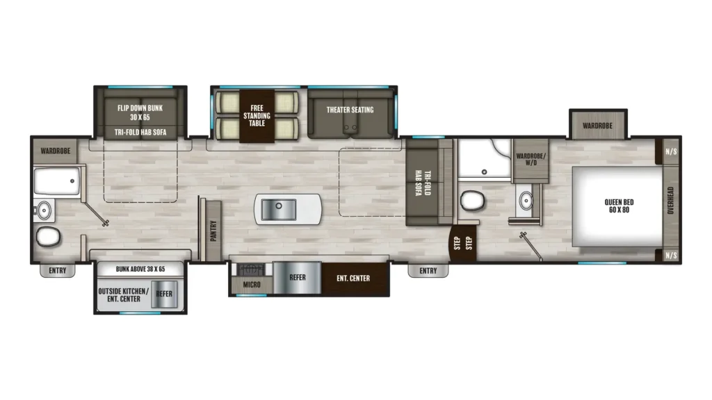 The floorplan of the Coachmen Chaparral 367BH, showcasing the two bathrooms and the layout. 