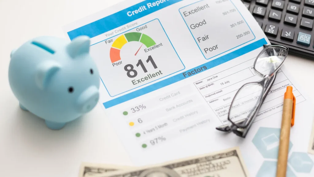 A credit score report beside a blue piggy bank as some glasses, money, and a pen lie atop the report. A calendar lays underneath it in the upper righthand corner.
