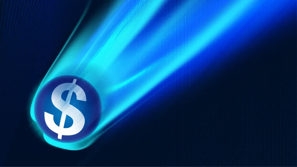 A blue ball with a white dollar sign on it quickly shooting downard, representing depcriation as it sits against a dark navy background.