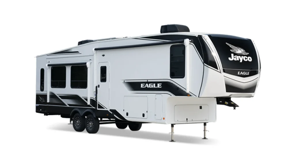 The outside of the Jayco Eagle 360DBOK showcasing the black and white exterior paint job. 