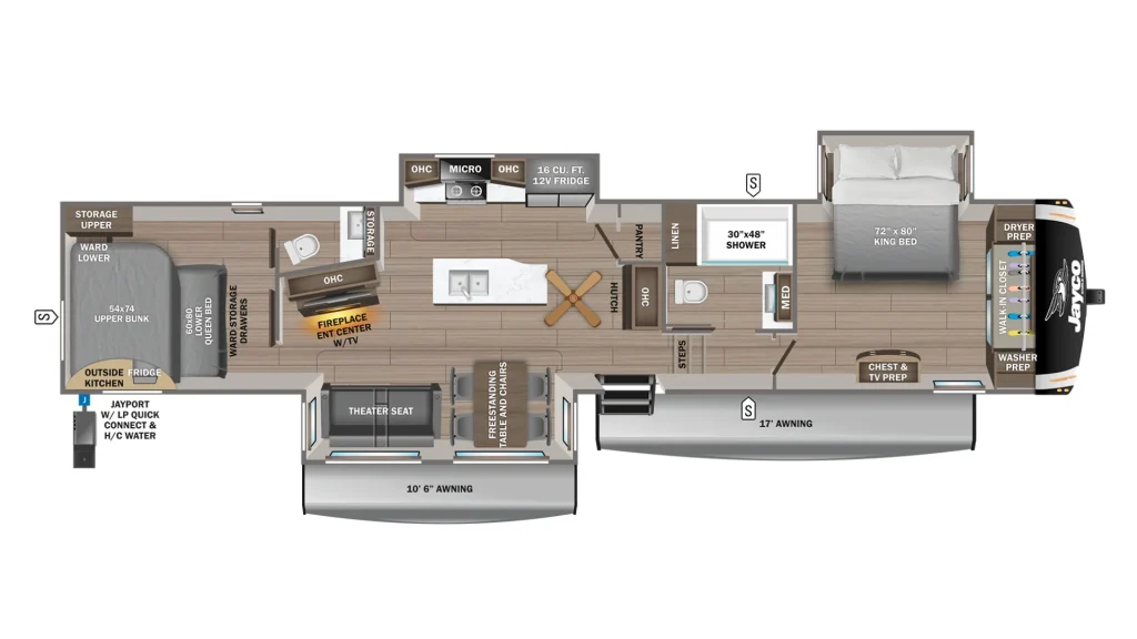 The outside of the Jayco Eagle 360DBOK showcasing the layout and two bathrooms. 