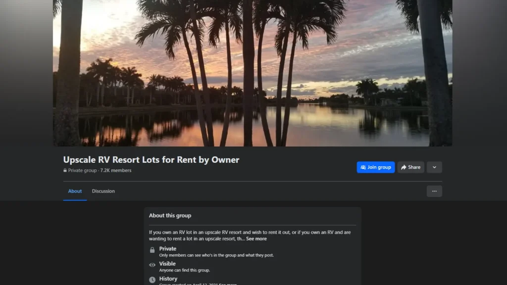 Upscale RV Resort Lots for Rent by Owner Facebook Group page.