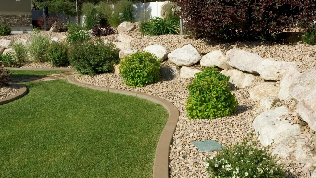 A beautifully landscaped area with rocks, bricks, green grass, and shrubs.
