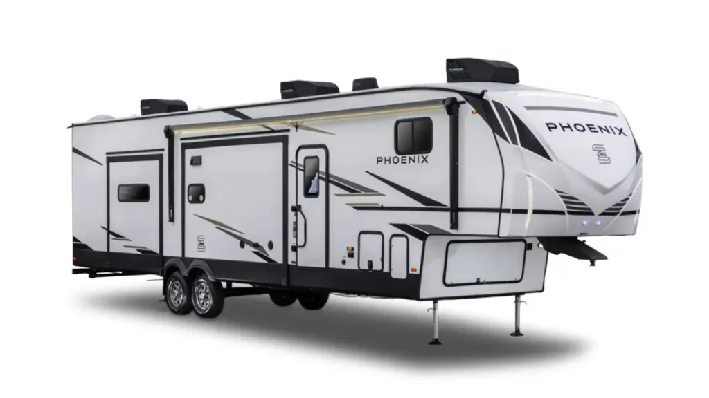 The outside of the Shasta Pheonix 355FBX, showcasing the black, grey, and white exterior paint job. 