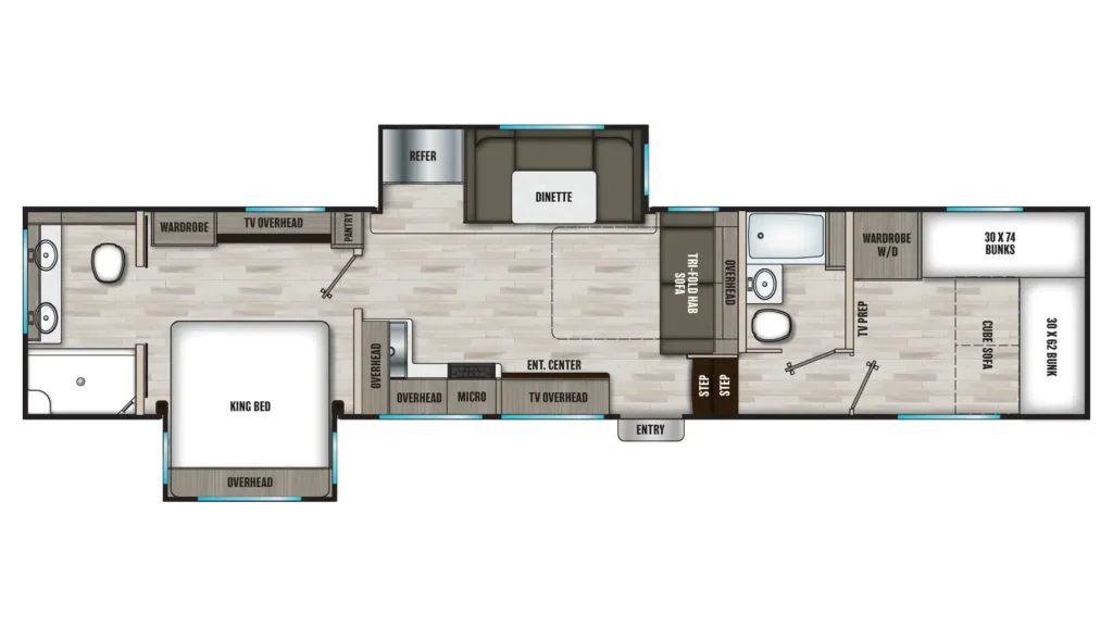 The floorplan of the Shasta Pheonix 355FBX, showcasing the multiple bathrooms and the layout. 
