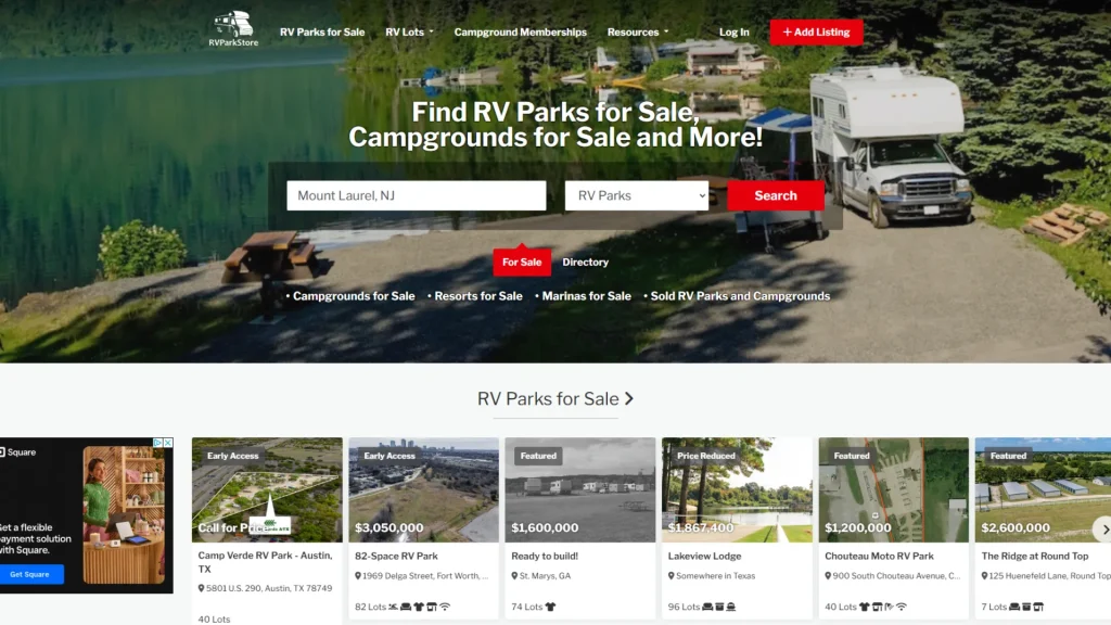 The homepage of RV Park Store, a current and more user friendly site.
