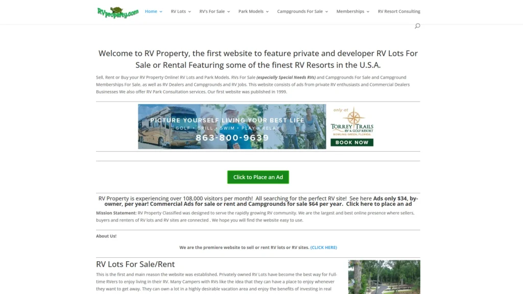 The homepage of RV Property, and it looks very minimal and outdated.