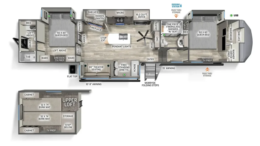 The floorplan of the Forest River Sandpiper 4002FB, showcasing the upper loft, two bathrooms, and the layout of the spacious trailer. 