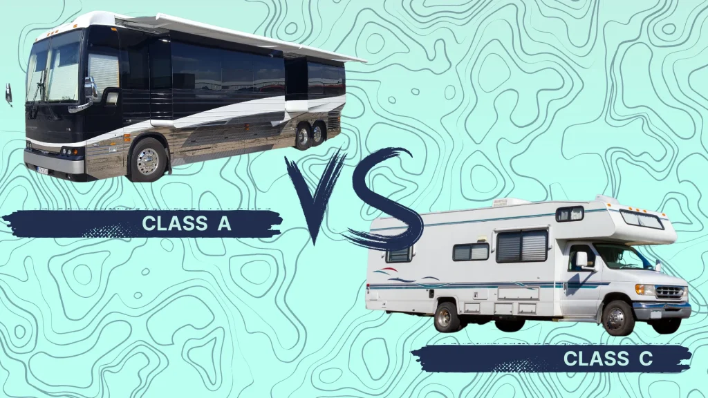A class A motorhome on the left and a class c motorhome on the right, facing opposite directions. There is a "VS" graphic in the middle and it all sits atop a topographic styled pattern on a mint blue background.