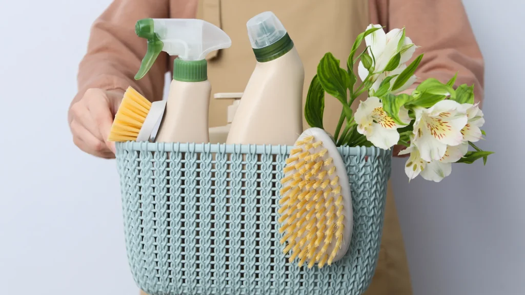A person holding a green basket holding cleaning products, two scrub brushes, and some flowers.