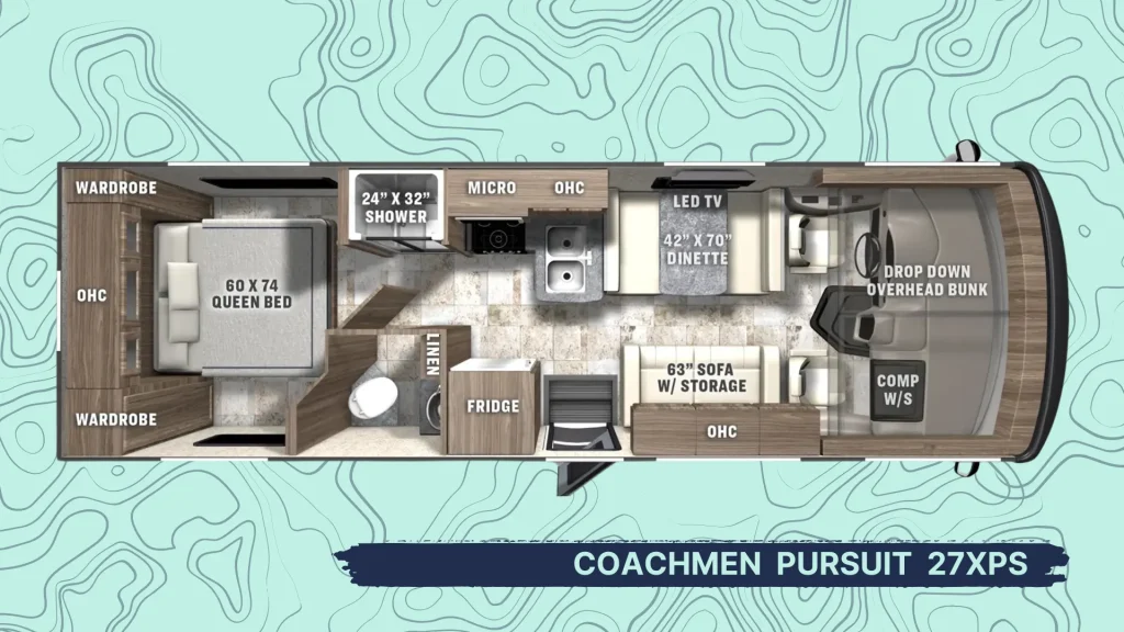 The floorplan of the Coachmen Pursuit 27XPS as it sits atop a topographic styled pattern on a mint blue background. 