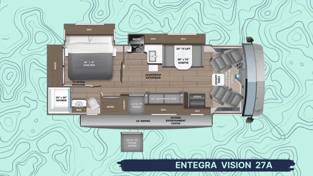The floorplan of the Entegra Vision 27A as it sits atop a topographic styled pattern on a mint blue background. 