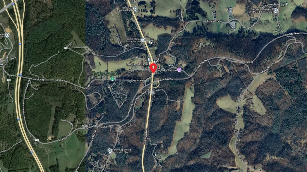 The sattelite view of Fancy Gap, VA from Google Maps. There's a red pin indicating where Fancy Gap is. 