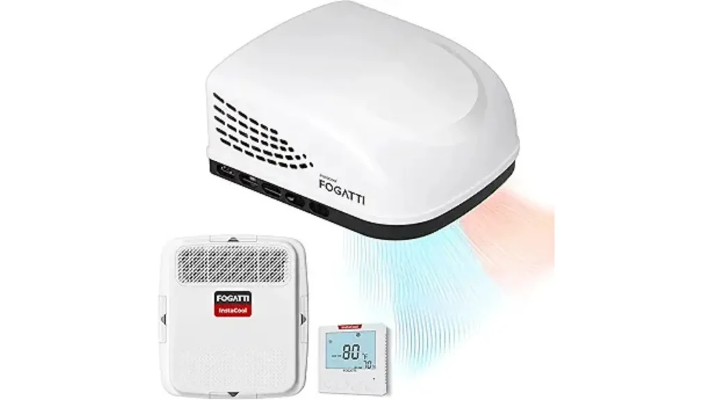 The Fogatti Roof RV AC Unit displayed with it's accompanying components.