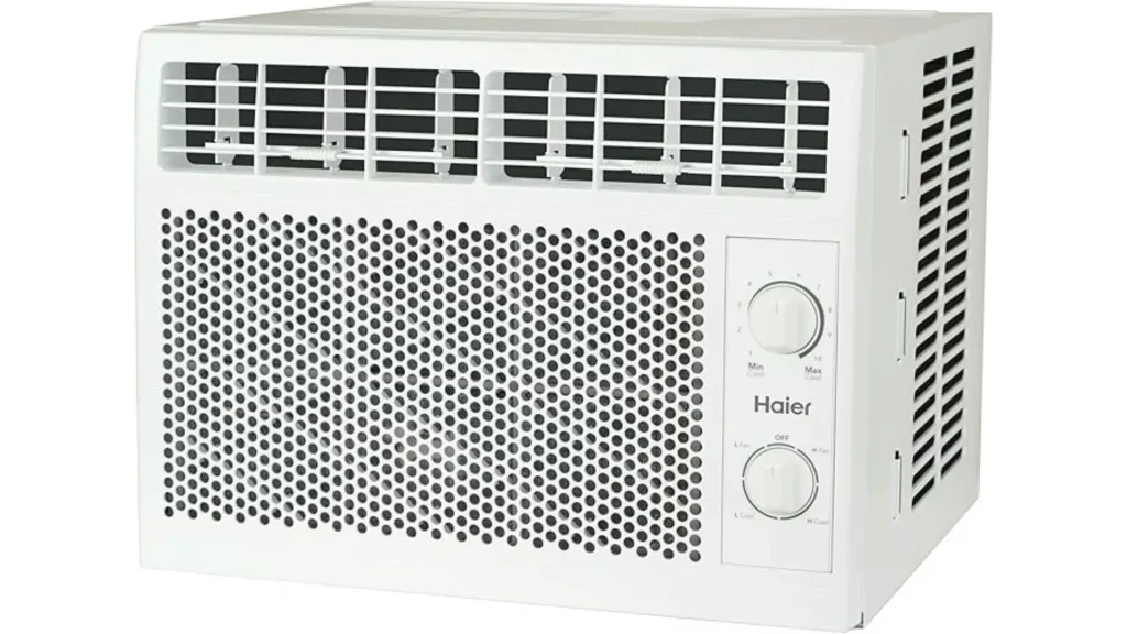 The Haier window A/C unit in a beige/grey color against a white background.