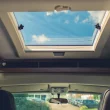 A skylight in a motorhome allowing sunlight to filter in as you can see the blue sky through it.