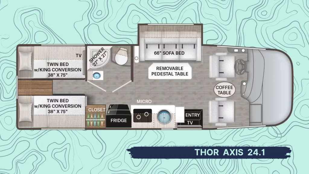 The floorplan of the Thor Axis 24.1 as it sits atop a topographic styled pattern on a mint blue background. 