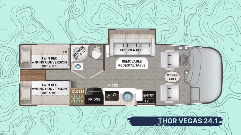 The floorplan of the Thor Vegas 24.1 as it sits atop a topographic styled pattern on a mint blue background. 