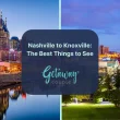 A photo of downtown Nahsiville, TN on the left and a photo fo downtown Knoxville, TN on the right. In the middle is a navy box that says: "Nashville to Knoxville: The Best Things to See" with the Getaway Couple Logo beneath the text in the navy box that sits in the middle. There's a mint blue line that divides the two photos down the center.