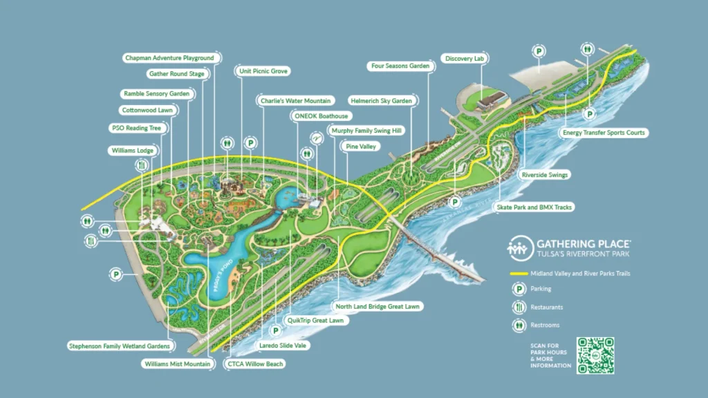 A map of the Gathering Place in Tulsa, OK. There's a plethora of notations and a key beneath the text "Gathering Place" with a QR code in the lower right-hand corner. 