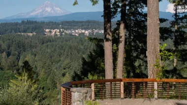Milo McIver Memorial Viewpoint looks out at Mount Hood in the foreground and Mount St. Helens and Mount Adams in the distance.