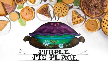 The Purple Pie Place Logo over an arch of pies, and pie pieces on a white backdrop.