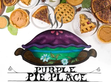 The Purple Pie Place Logo over an arch of pies, and pie pieces on a white backdrop.